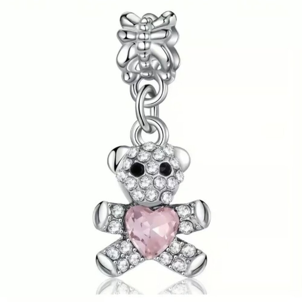 x1 Silver Bear With Pink Stone Pendant DIY Jewelry New